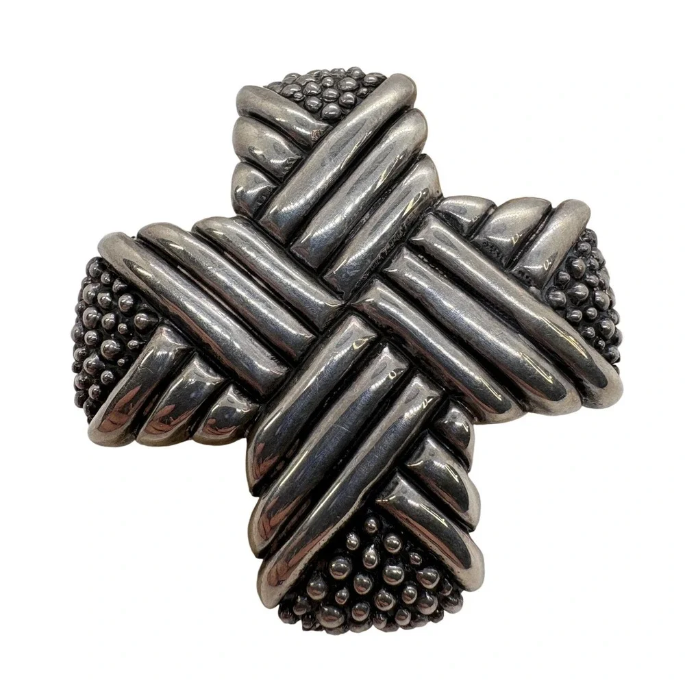 Vintage Carol Henry 925 Sterling Silver Cross Brooch Pendant Woven Textured 39g